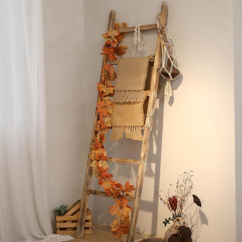 FUIN 6.4ft Extra Wide Wooden Blanket Ladder Living Room Decorative Wal Leaning Farmhouse Quilt Display Holder Rustic Wood Towel Rack for Bathroom, Burnt Brown, 24 inch Wide - Image 3